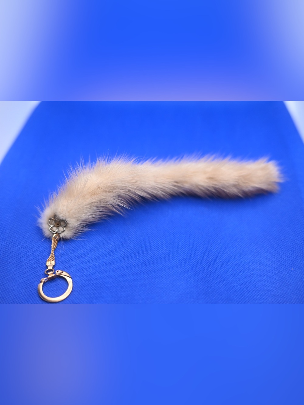 Fur Beige Tail Keychain with Gold Ring